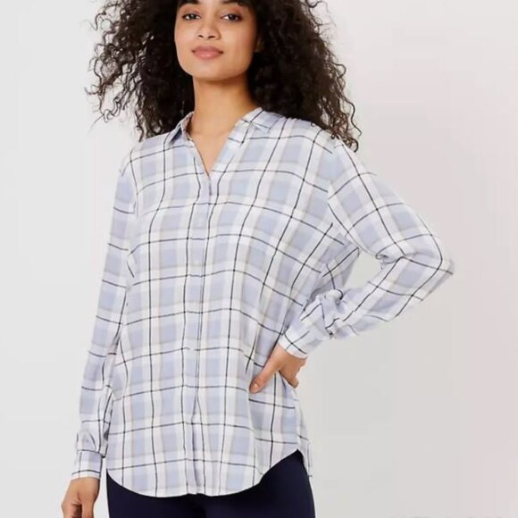 LOFT Women's Plaid Tunic Button Down Shirt - Blue White - Size Small - Picture 1 of 11
